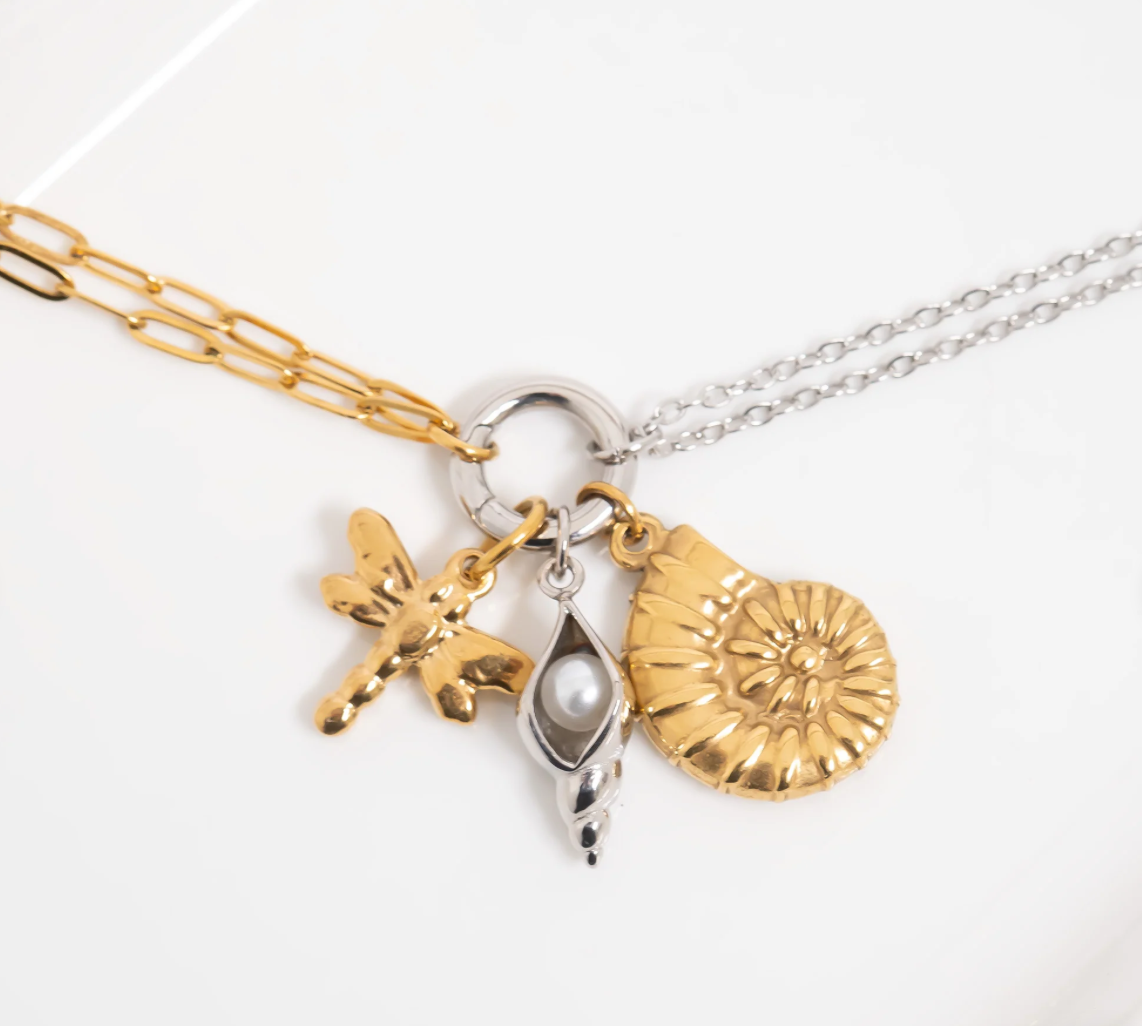 Mixed Metal Double Chain Charm Holder Necklace