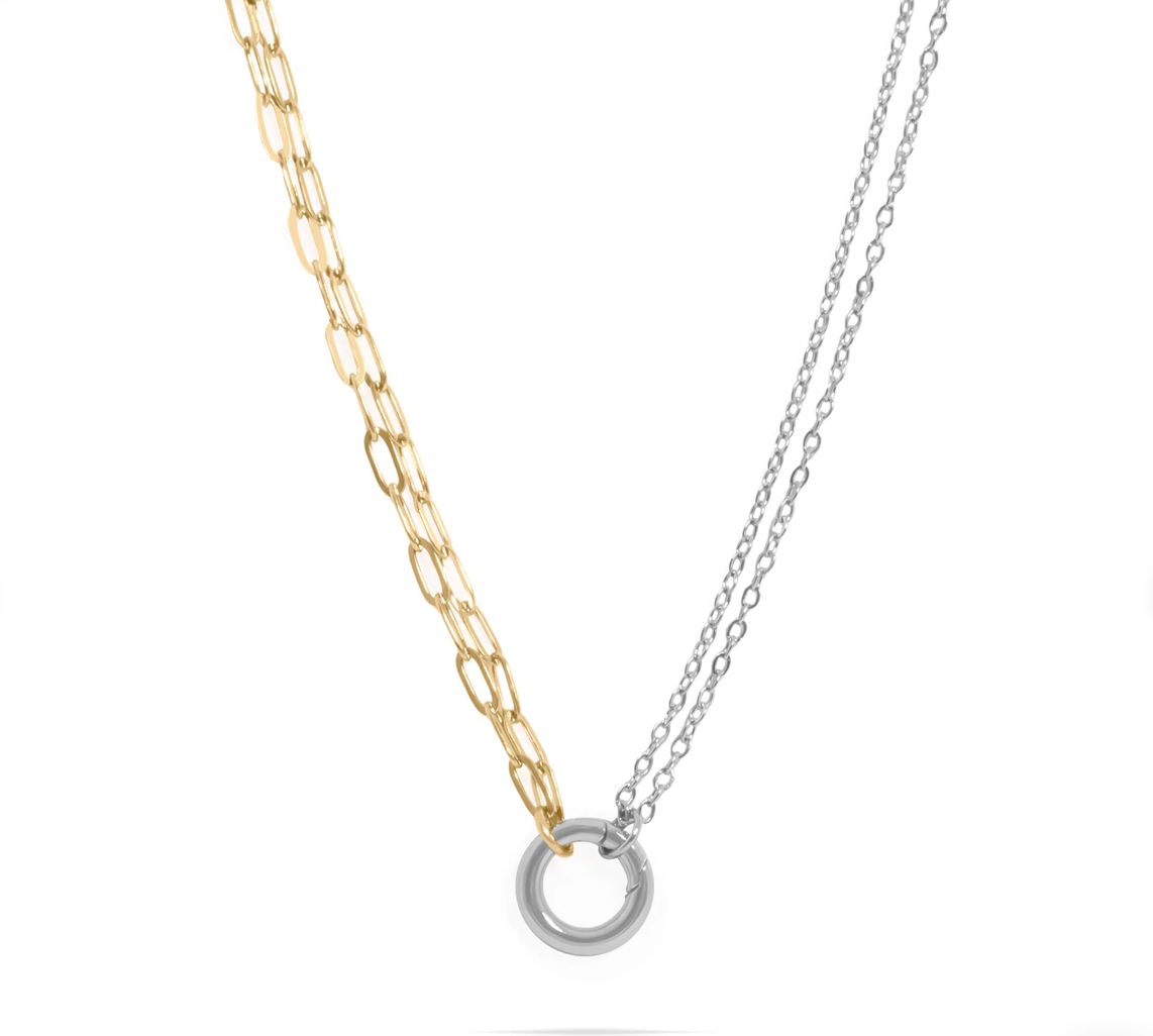 Mixed Metal Double Chain Charm Holder Necklace