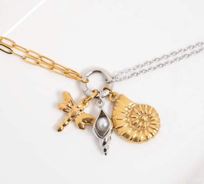 Mixed Metal Double Chain Charm Holder Necklace