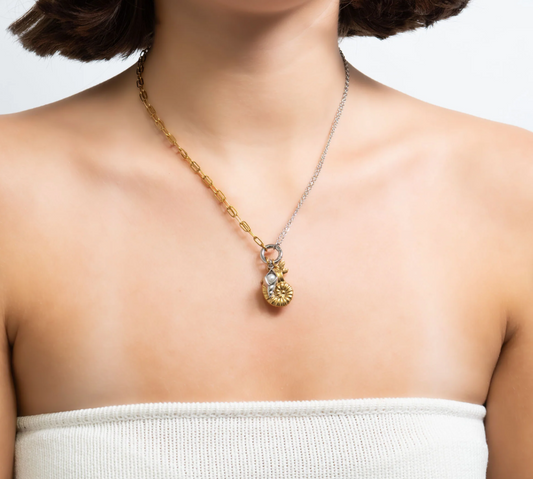 Mixed Metal Double Chain Charm Holder Necklace