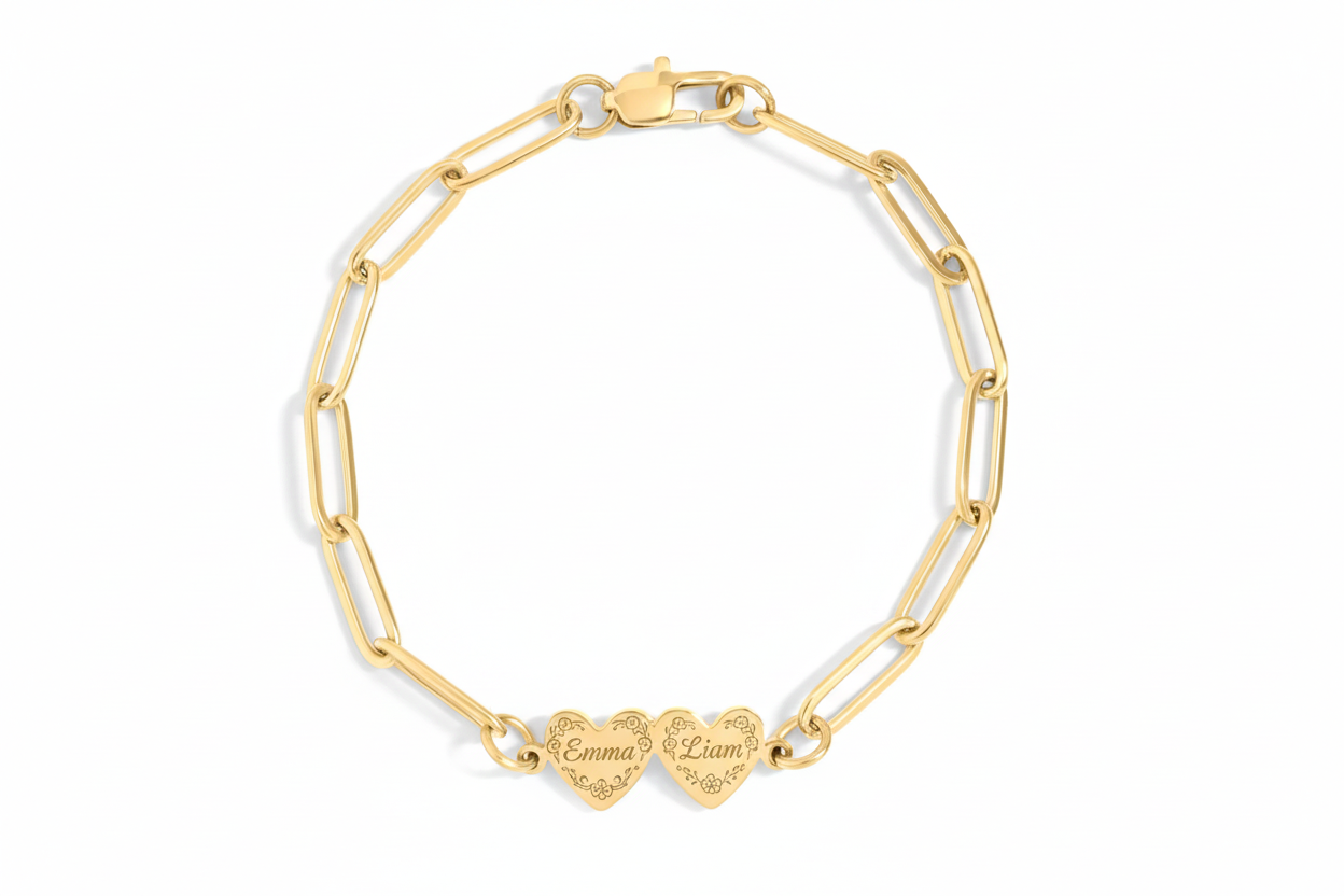 Two Heart Paperclip Bracelet - 18K Gold Coated Stainless Steel